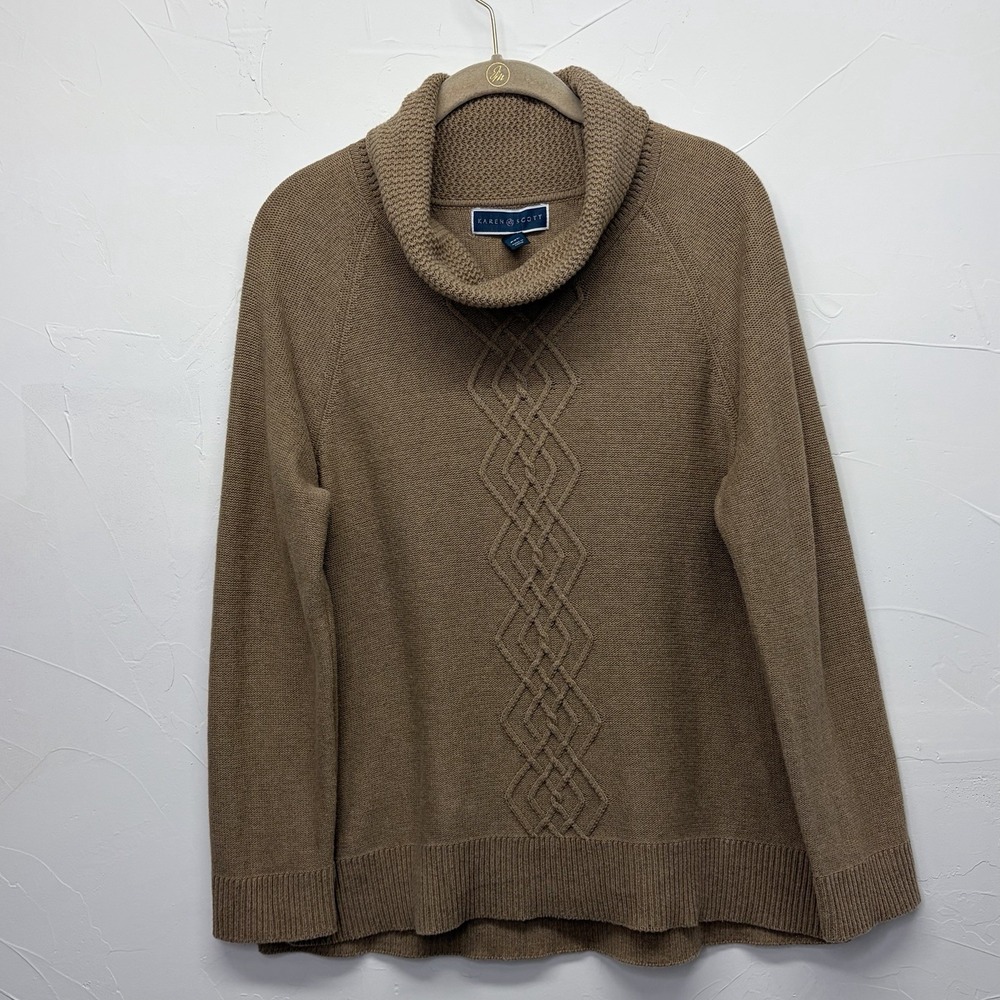 Karen Scott Women's Cowl Neck Cable Knit‎ Tan Brown Cotton Sweater Petite XL